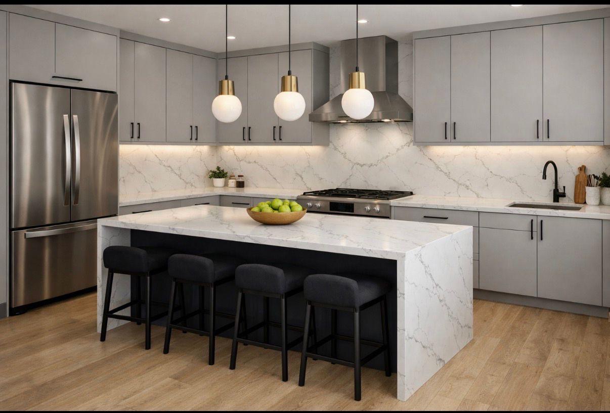 Grey cabinet kitchen white marble waterfall island Chicago