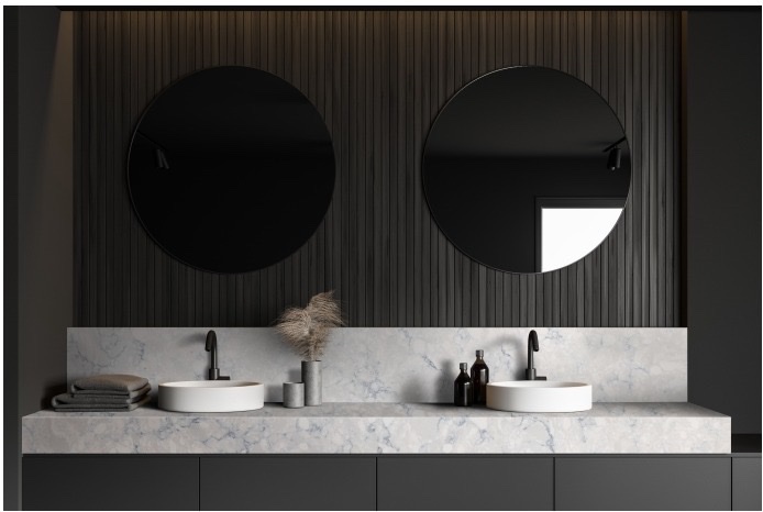 Dark double vanity marble countertop modern bathroom Chicago