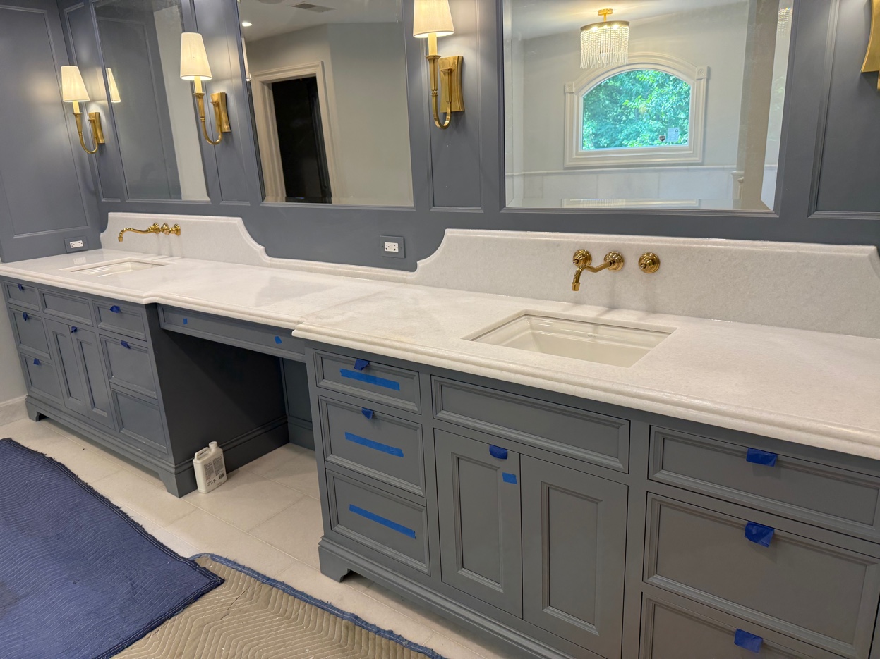 Fresh install bathroom double vanity marble other angle Chicago