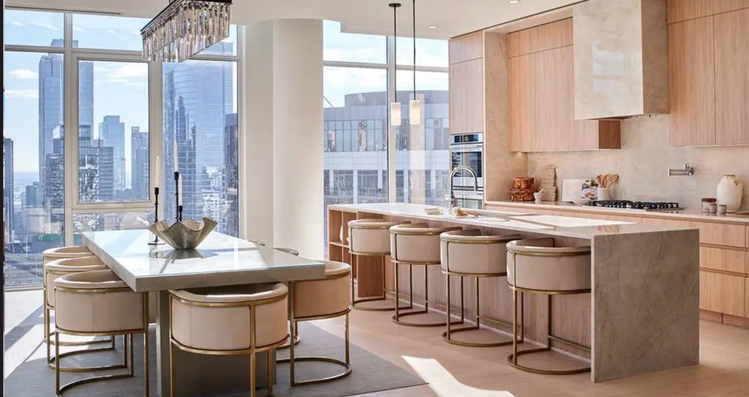 Chicago penthouse kitchen white stone city skyline