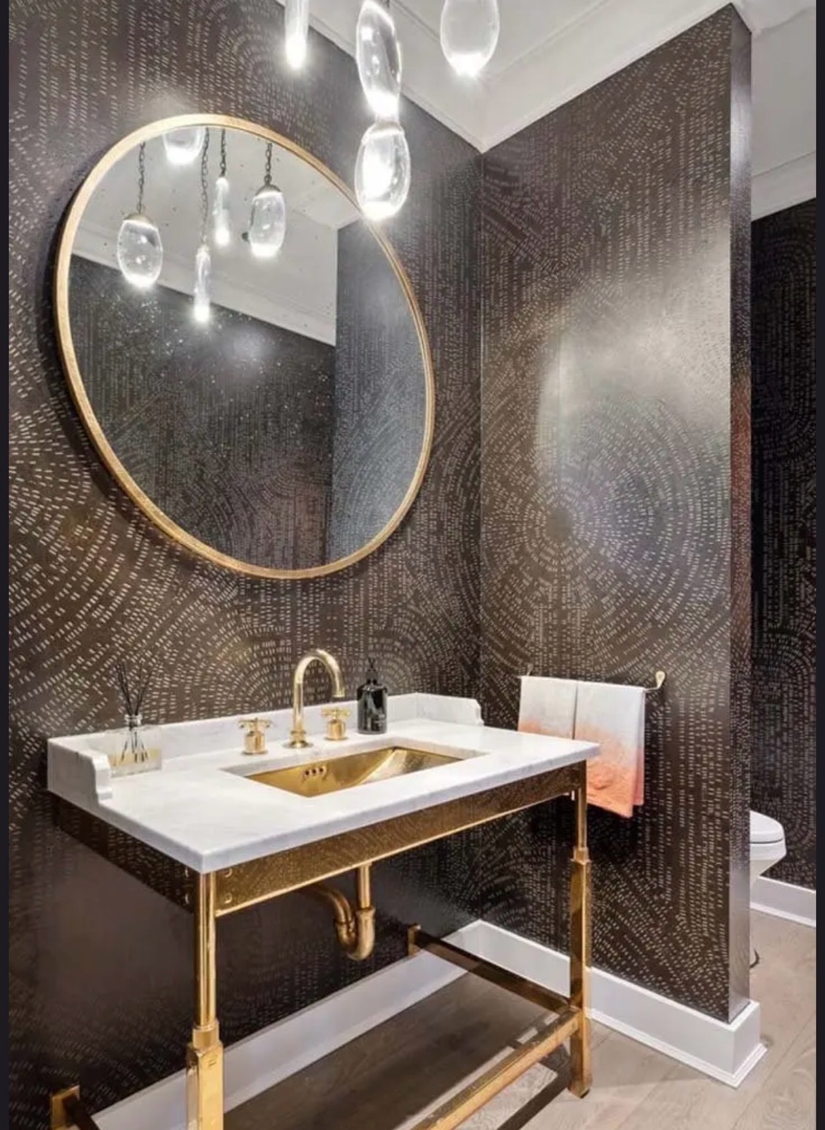Powder room white marble vanity gold fixtures Chicago
