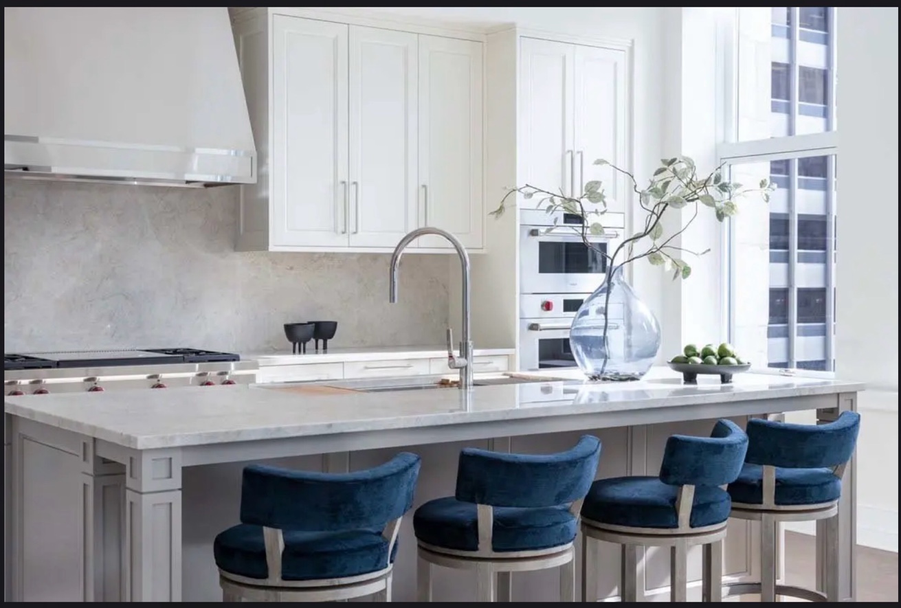 White kitchen marble island blue stools Chicago