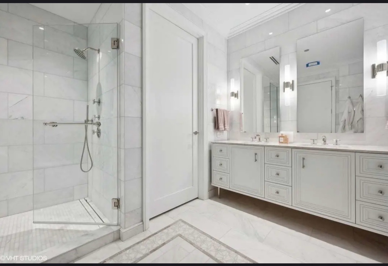 Full marble bathroom shower surround double vanity Chicago