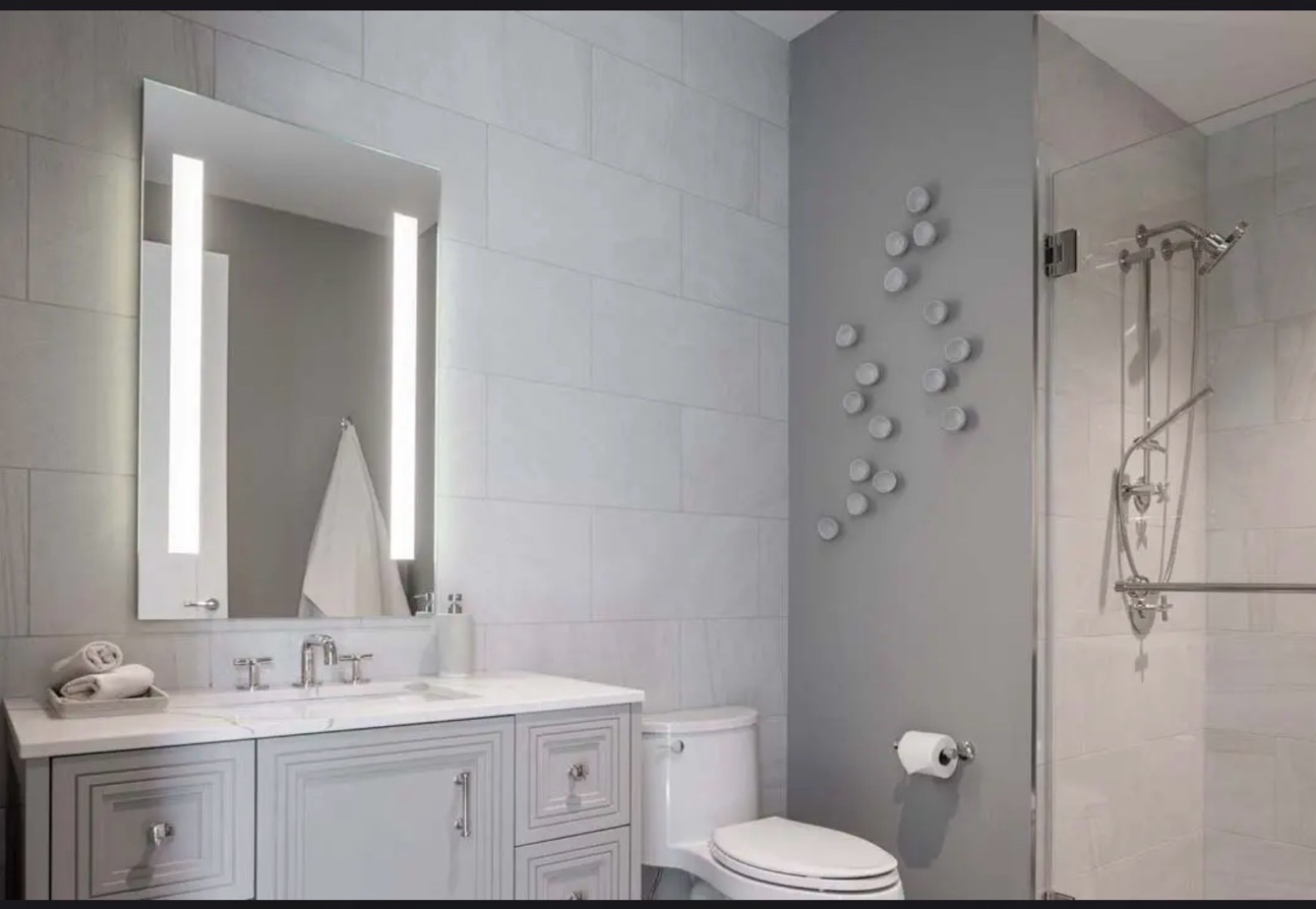 Stone vanity bathroom grey tile Chicago