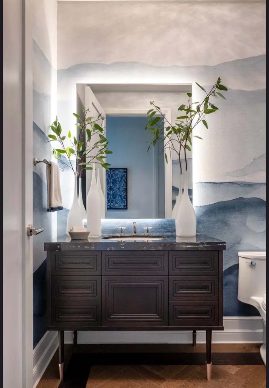 Dark marble powder room vanity Chicago