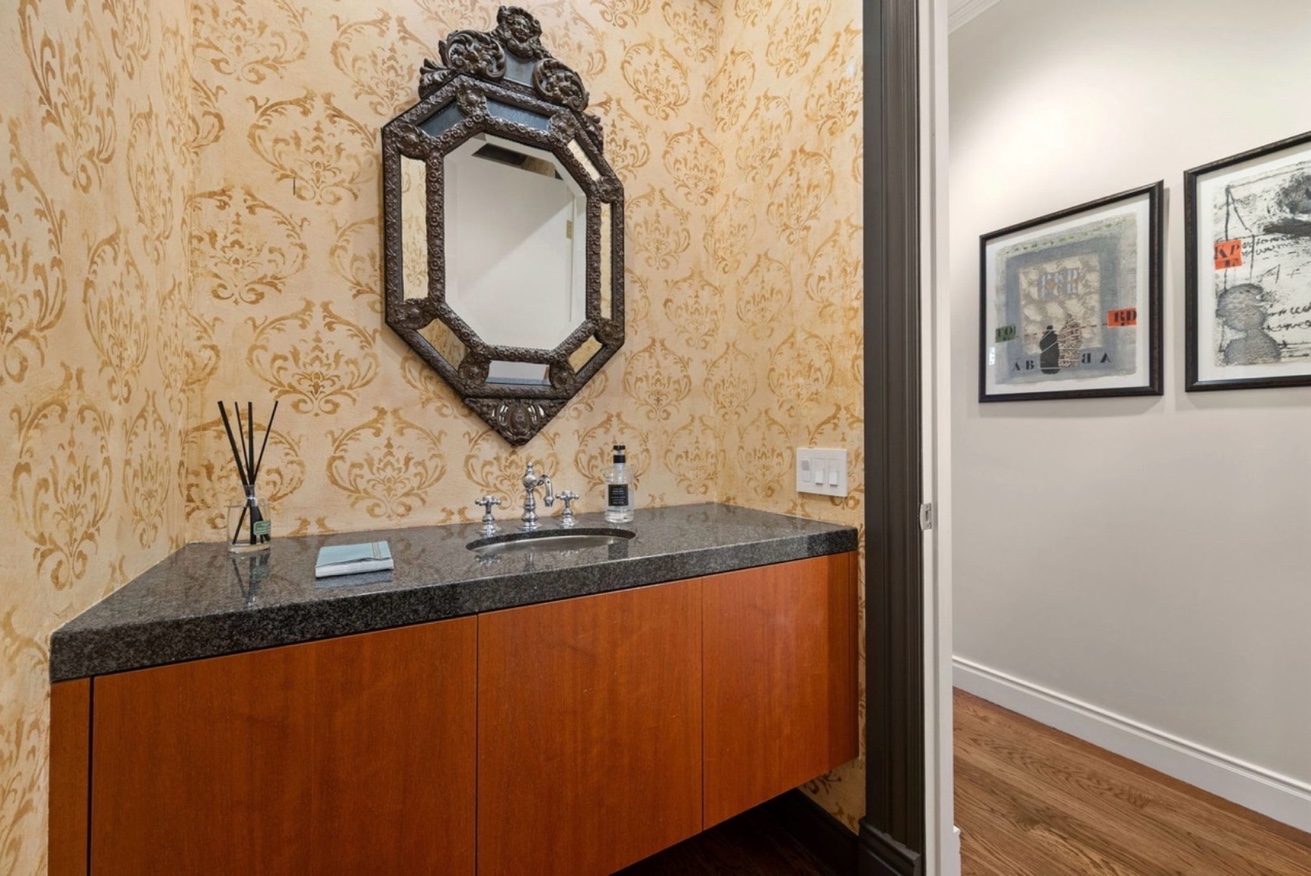 Granite powder room vanity wood cabinet Chicago