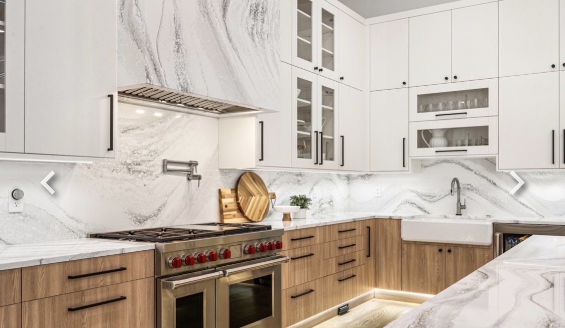 Full marble kitchen backsplash countertops farmhouse sink Chicago