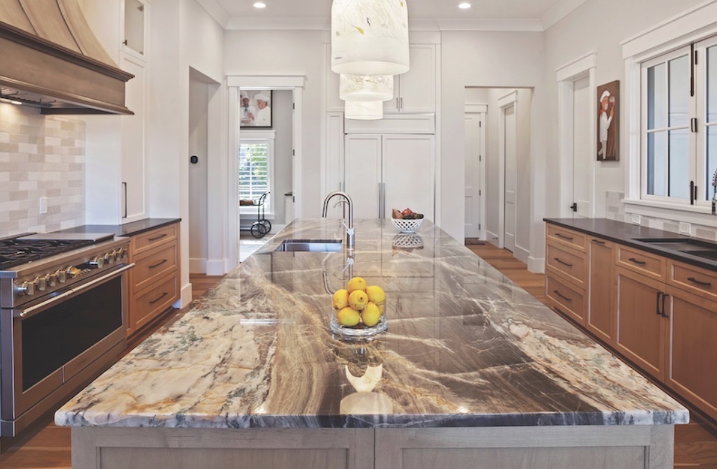Exotic quartzite kitchen island dramatic veining Chicago