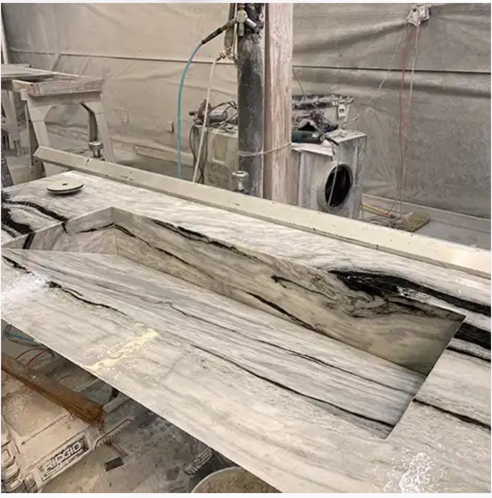 Marble vanity top being fabricated in shop Franklin Park
