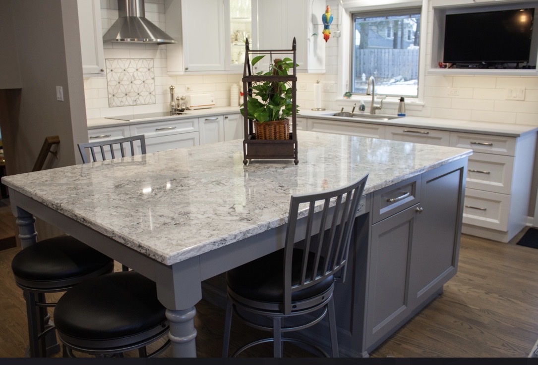 Grey granite kitchen island white cabinets Chicago suburbs