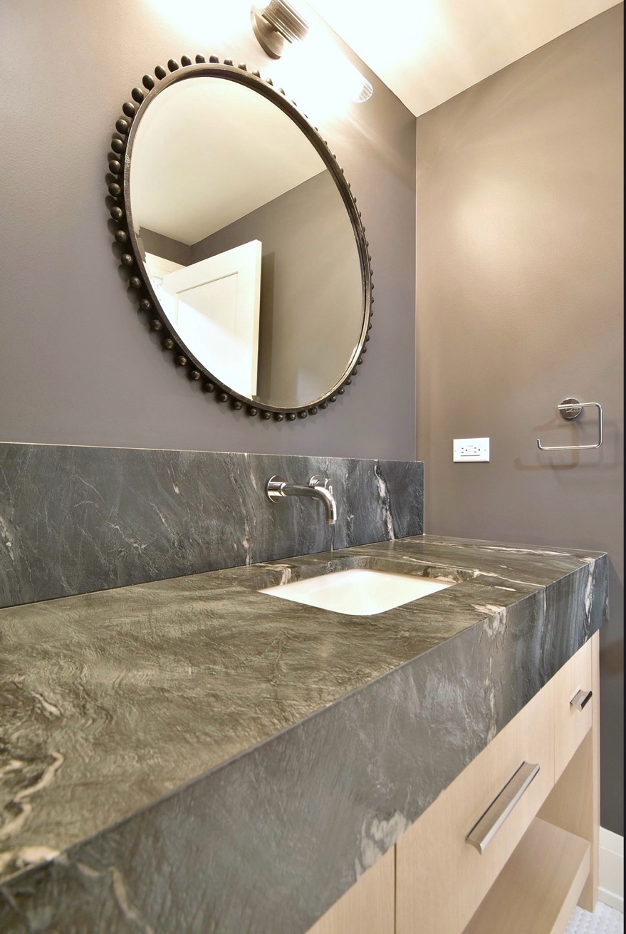 Dark stone bathroom vanity close up leathered finish Chicago