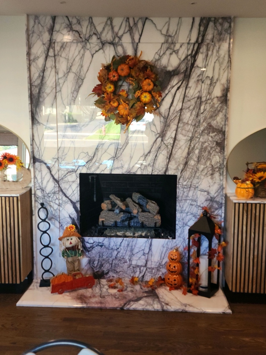 Exotic white marble fireplace floor to ceiling Chicago