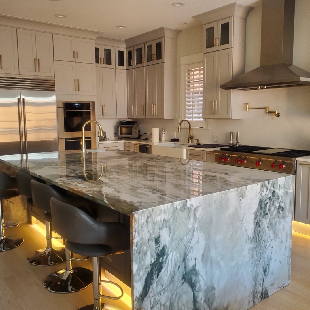 Quartzite waterfall island kitchen Chicago