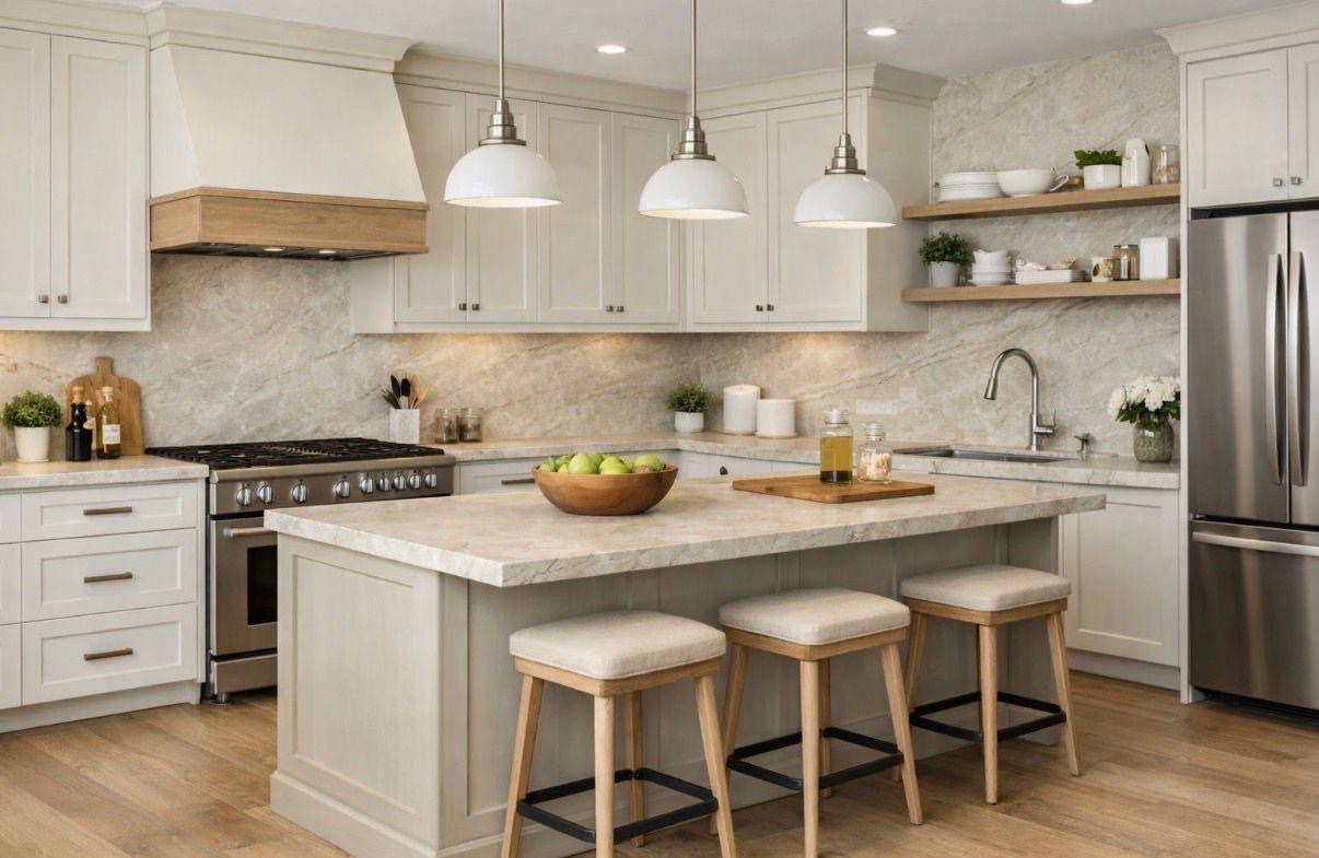 Warm white kitchen quartzite island backsplash Chicago suburbs